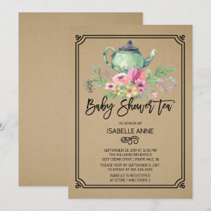 Kraft Watercolor Blommigt Tea Party Baby Shower Inbjudningar