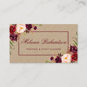 Kraft Watercolor Burgundy Marsala Blommigt Visitkort