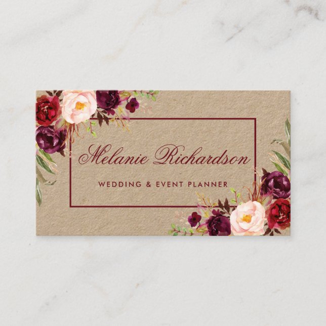 Kraft Watercolor Burgundy Marsala Blommigt Visitkort (Framsida)