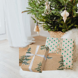 Kraft Watercolor Winter Gräs Grönt Träd jul Presentpapper