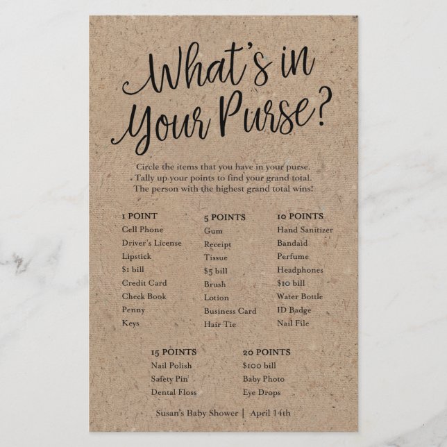 Kraft What's in your Purse Baby Shower Game Card (Framsida)