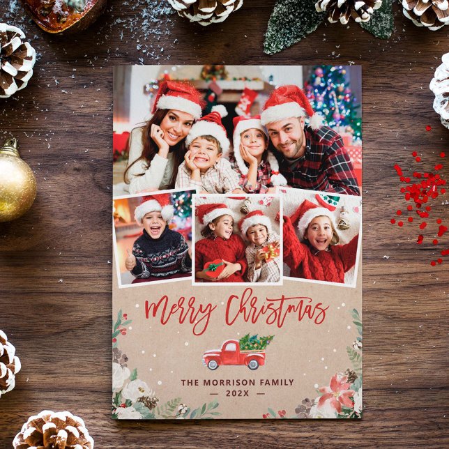 Kraft Winter Floral Christmas Lastbil 4 Foto Julkort (Skapare uppladdad)