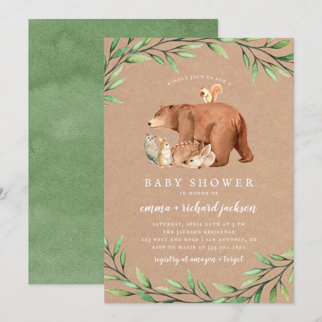 Kraft Woodland Greenery Forest Animals Baby Shower Inbjudningar (Fram/baksida)