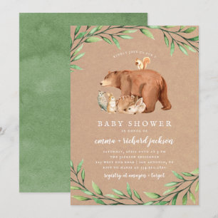 Kraft Woodland Greenery Forest Animals Baby Shower Inbjudningar
