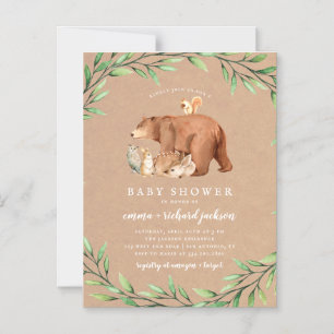 Kraft Woodland Greenery Forest Animals Baby Shower Magnetisk Inbjudningskort