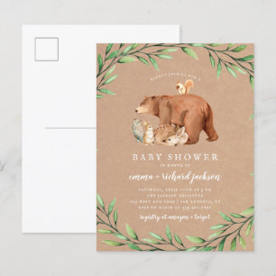 Kraft Woodland Greenery Skogs Djur Baby Shower Inbjudan Vykort