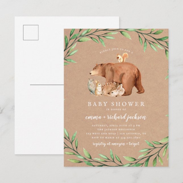 Kraft Woodland Greenery Skogs Djur Baby Shower Inbjudan Vykort (Fram/baksida)