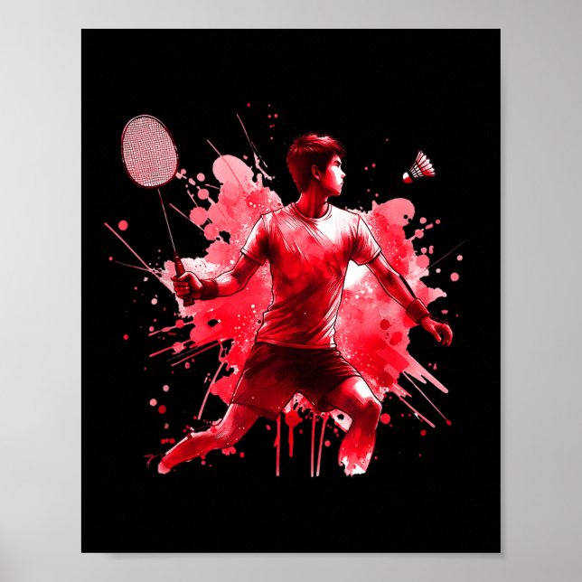 Kraftfull badmintonspelare röd splash art  poster (Framsidan)
