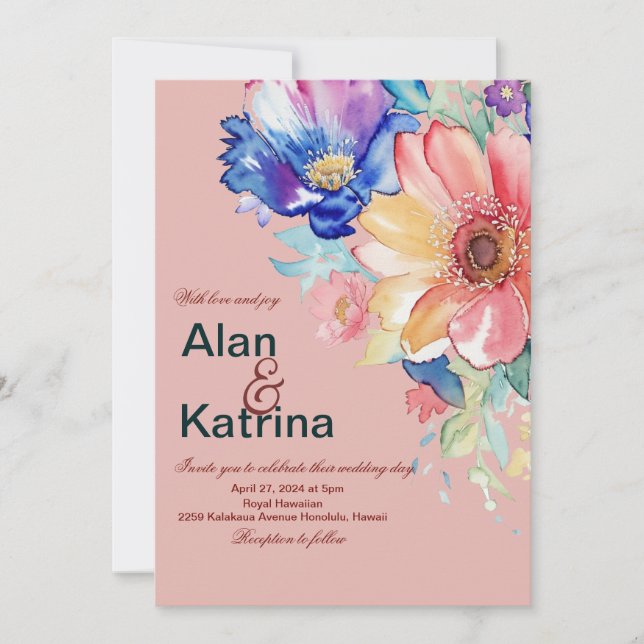 Kraftfull Blommig Rodnad Korall Rosa Bröllop Inbjudningar (Framsida)