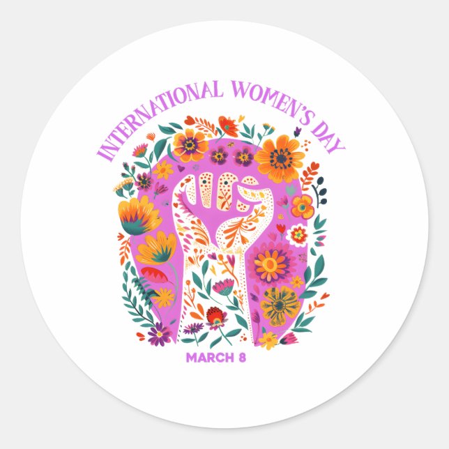 Kraftfull Blommigt, kvinnodagen i Internationell Runt Klistermärke (Framsida)