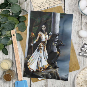 Kraftfull Fantasy Häxa Svart Drak Väktare Kökshandduk