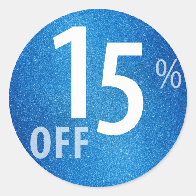 Kraftfull försäljningsskylt på 15 % | Blue Glitter Runt Klistermärke (Framsida)