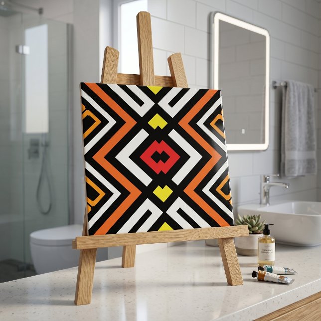 Kraftfull geometrisk aztekisk orange-svart chevron kakelplatta (Skapare uppladdad)