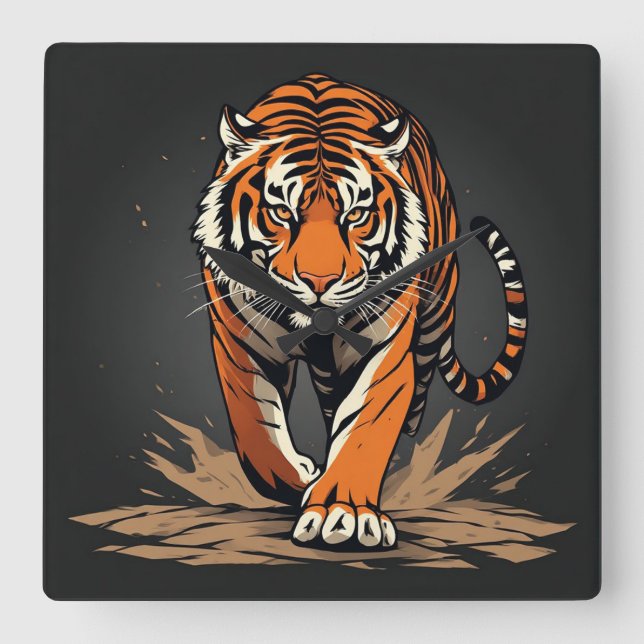 Kraftfull laddande tiger fyrkantig klocka (Framsida)