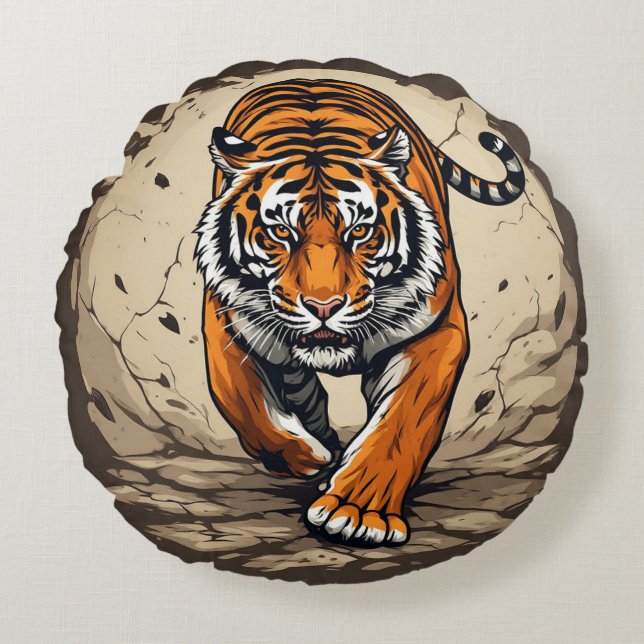 Kraftfull laddande tiger rund kudde (Framsidan)