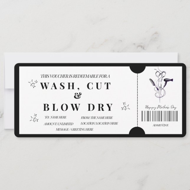 Kraftfull minimal tvätt, klippning och föning kupo inbjudningar (Framsida)