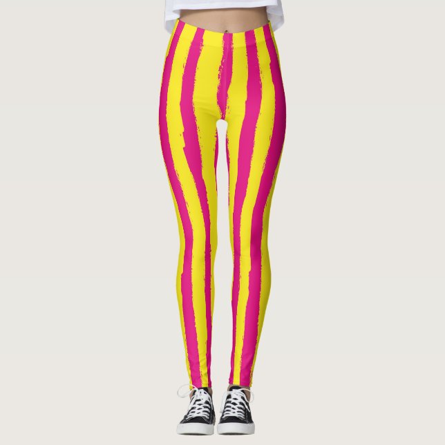 Kraftfulla Rosa- och Gult-Lodräna strimlade skinn Leggings (Framsida)
