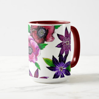 Kraftig Anemon & Clematis Akvarell Konst Mugg
