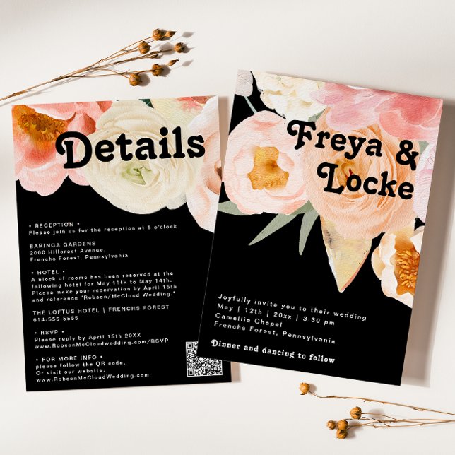 Kraftig färgrik blommig | Svart Allt-i-ett bröllop Inbjudningar (Skapare uppladdad)