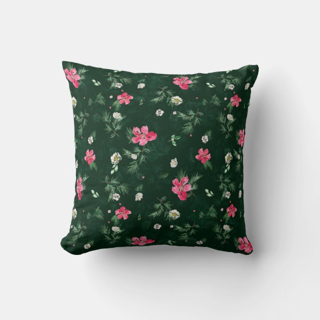 Kraftig Grönt och rosa blommigt vattenfärg mönster Kudde (Framsida)
