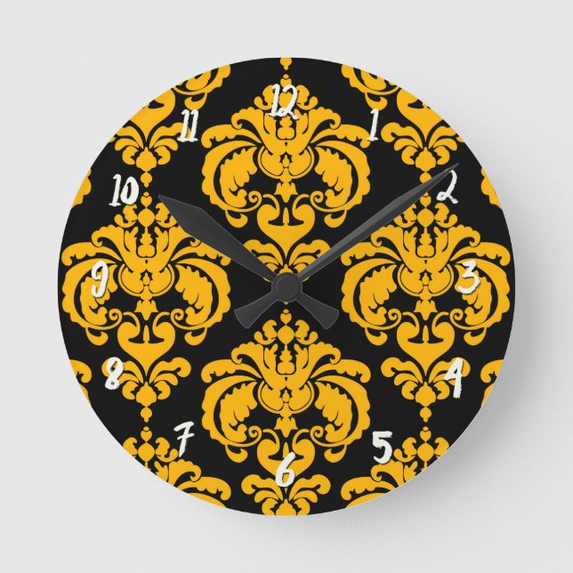 Kraftig gul & svart damask modern personlig rund klocka (Framsida)