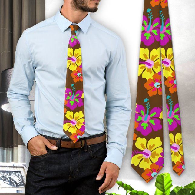Kraftig hibiskus blommönster Brun fästmans slips (Skapare uppladdad)