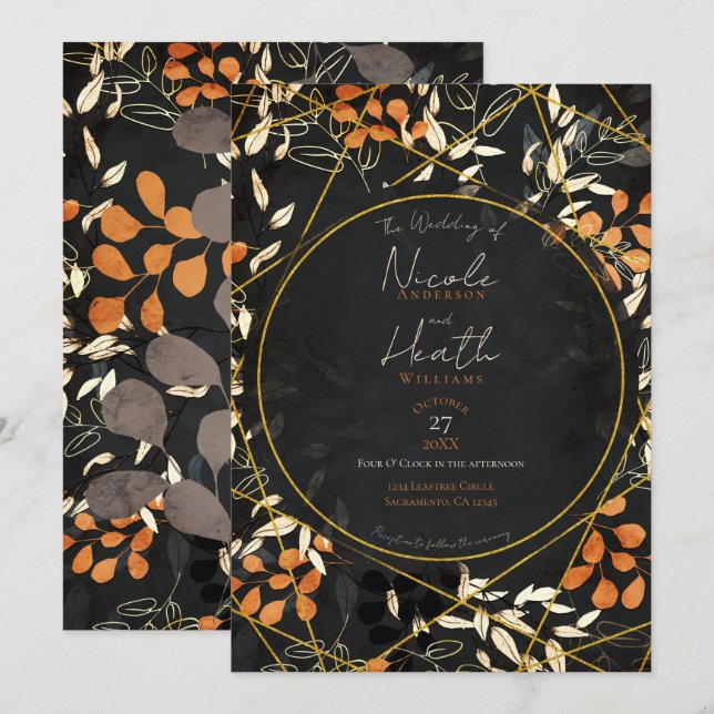Kraftig Höst Mörk Blommig Orange Guld Bröllop Inbjudningar (Fram/baksida)