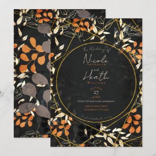 Kraftig Höst Mörk Blommig Orange Guld Bröllop Inbjudningar