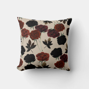 Kraftig Mörk Blommig Röd & Svart Beige Botanisk Kudde