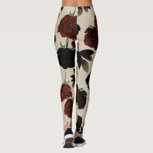 Kraftig Mörk Blommig Röd & Svart Beige Botanisk Leggings