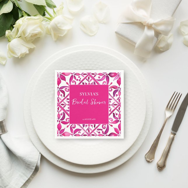 Kraftig rosa spansk talavera mexikansk bröllopsdus pappersservett (Bold pink Spanish talavera vintage Mexican bridal shower monogram printed  Napkins personalized deco)