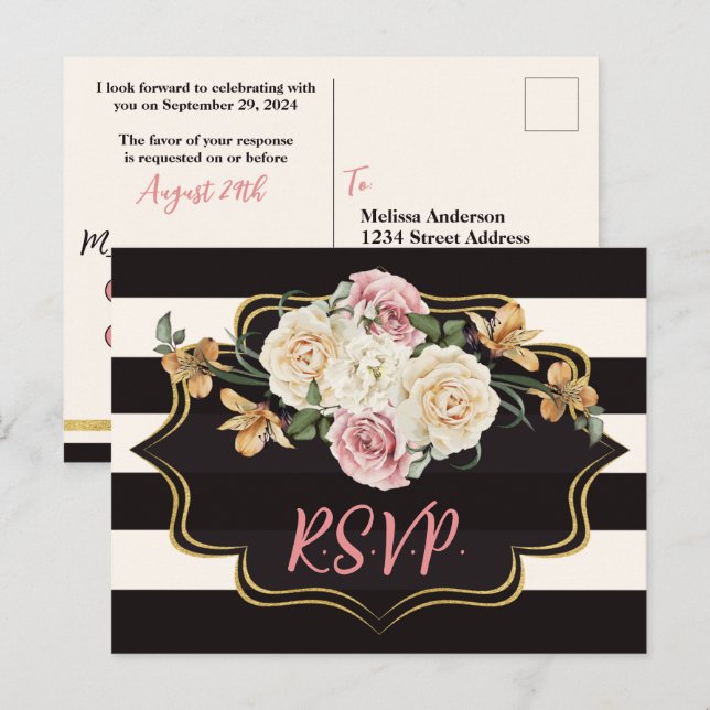 Kraftig svart, elfenbensränder, blommor RSVP Vykort (Fram/baksida)