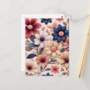 Kraftiga blommor och blad mönster rosa vykort