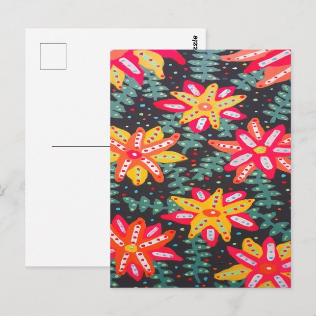 Kraftiga gula och orange blommor på svart vykort (Fram/baksida)