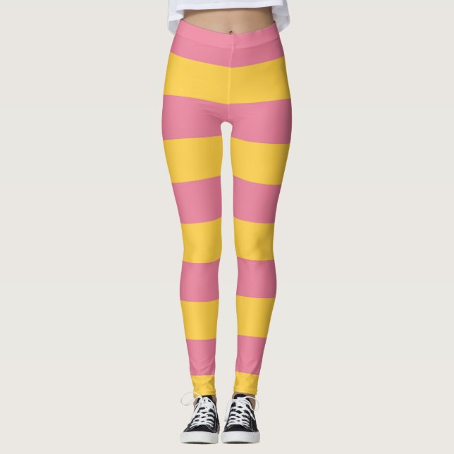 Kraftigt Lodrät för Rosa och Gult, stripe Mönster Leggings (Framsida)