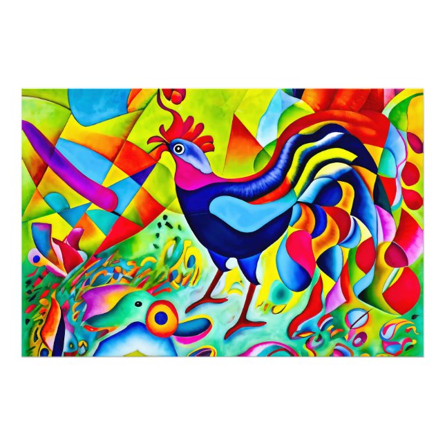 "Kraftigt plasma". En surreal färgfull Cockerel Fototryck (Framsidan)