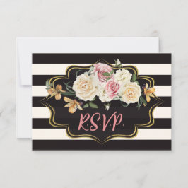 Kraftigt svart, elfenbensränder, blommor RSVP-kort OSA Kort