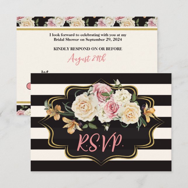 Kraftigt svart, elfenbensränder, blommor RSVP-kort OSA Kort (Fram/baksida)