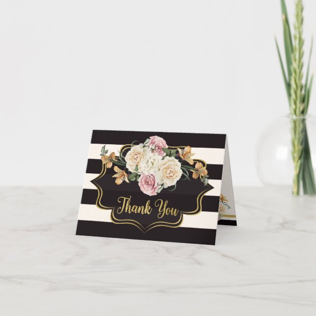 Kraftigt svart, elfenbensränder, blommor tack 2 kort (Framsida)