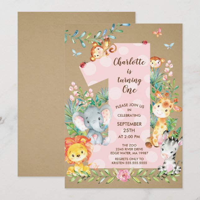 KraftJungle Big One Girls Birthday-inbjudan Inbjudningar (Fram/baksida)
