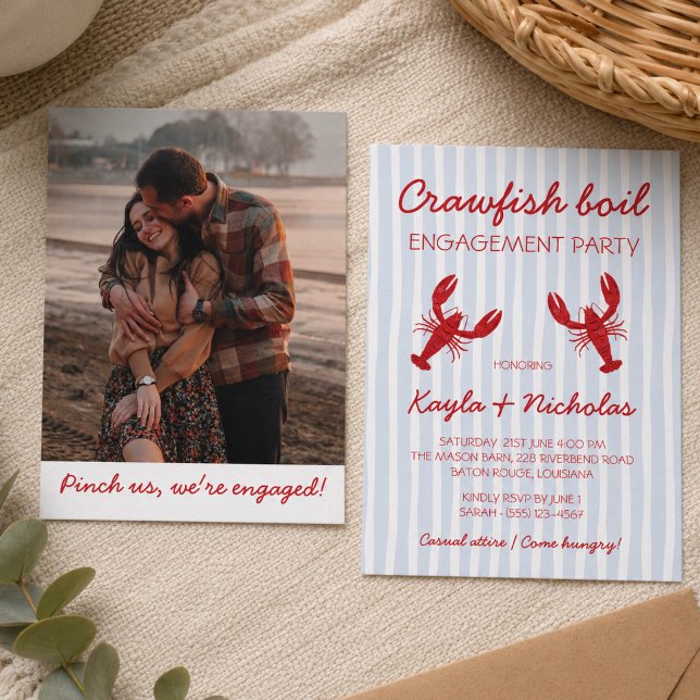 Kräftkok Förlovningsfest med Foto Inbjudningar (Crawfish Boil Pinch Us Photo Engagement Party Invitation)