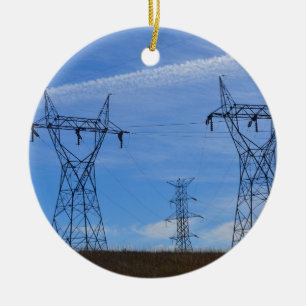 Kraftledningar i blå himmel julgransprydnad keramik