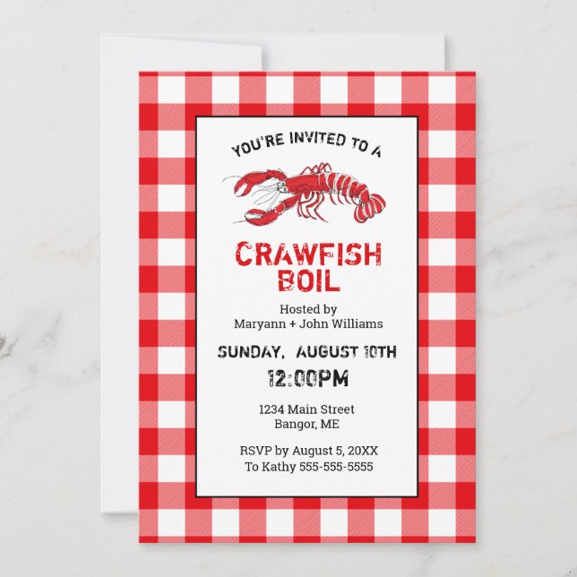 Kräftor Boil Red White Gingham Inbjudningar (Framsida)