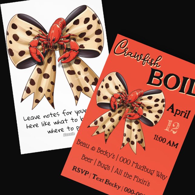 Kräftor Boil with Leopard Bow and Cute Mudbug Julkort (Crawfish and mudbug boil party invitation you can customize on the front and revers)
