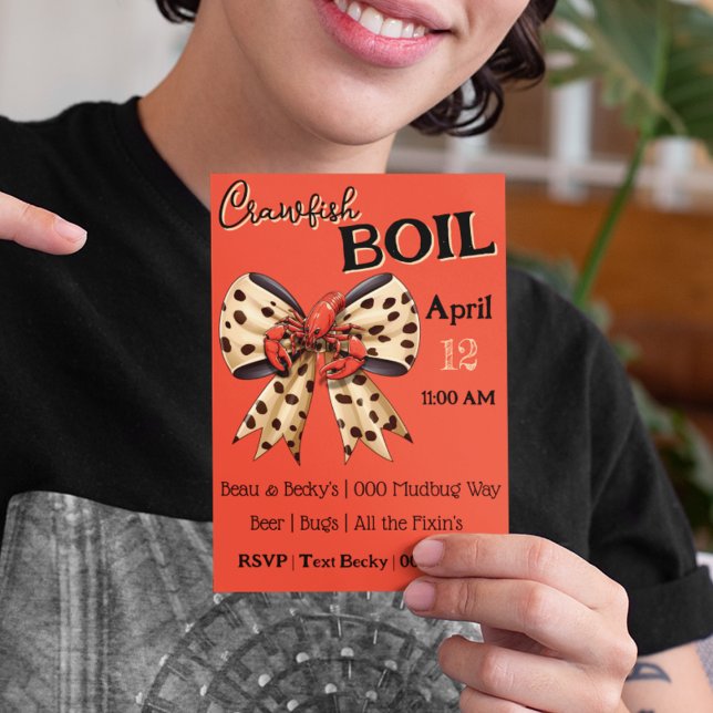 Kräftor Boil with Leopard Bow and Cute Mudbug Julkort (Crawfish boil invitation with cute mudbug sitting on a leopard print bow.  Fully customizable. )
