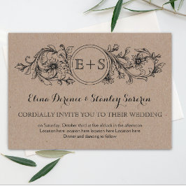 Kraftpapp blommigt ram med initialer bröllop inbjudningar