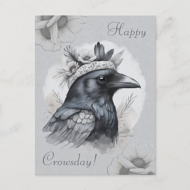 Krähe Crow Rabe Portrait Blumen Karte Postkarte Vykort (Framsida)