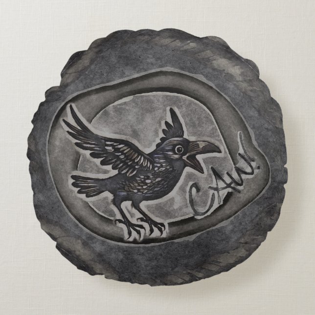 Krähe Crow Rabe ruft CAW!  Rund Kudde (Framsidan)