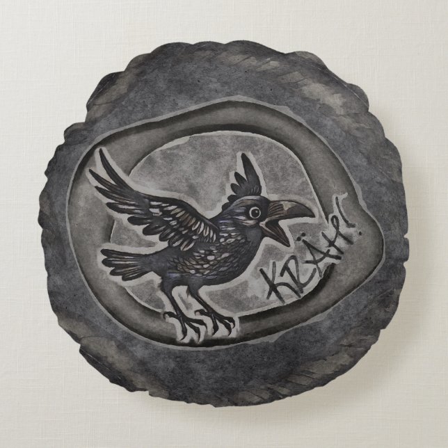 Krähe Crow Rabe ruft KRÄH! Kissen Rund Kudde (Framsidan)