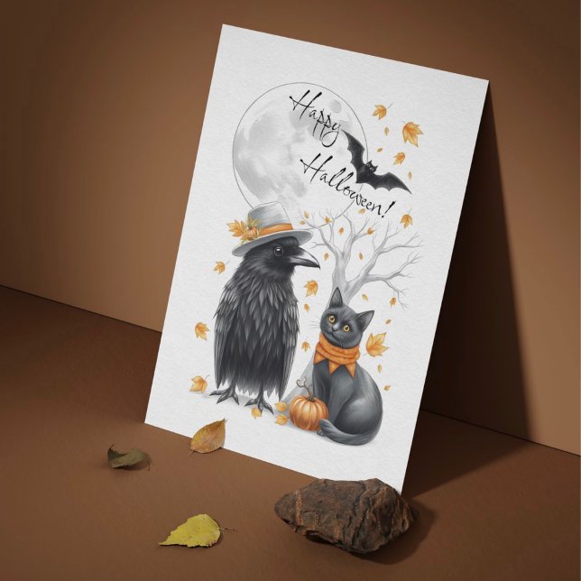 Krähe & Katze Herbst Halloween Karte Postkarte Vykort (Skapare uppladdad)
